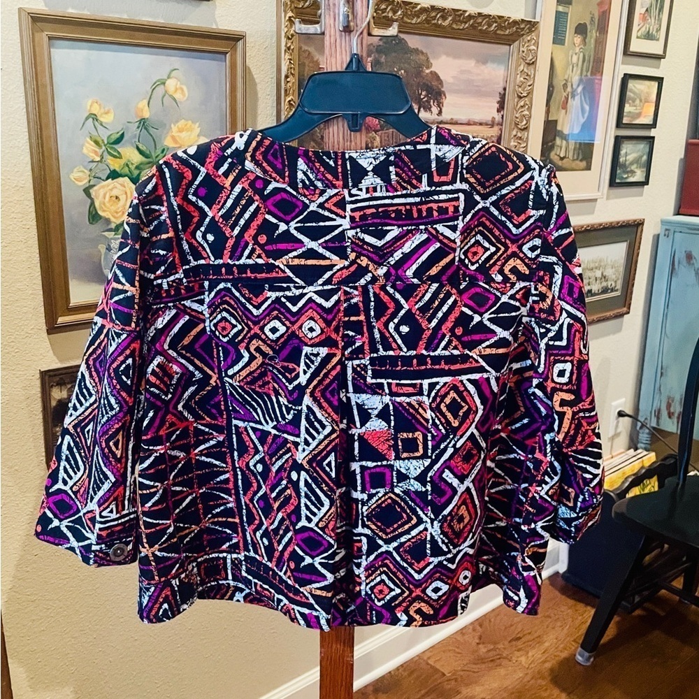 Lark Lane 3/4 sleeve abstract tribal swing style button jacket 16 pink orange - Picture 7 of 10